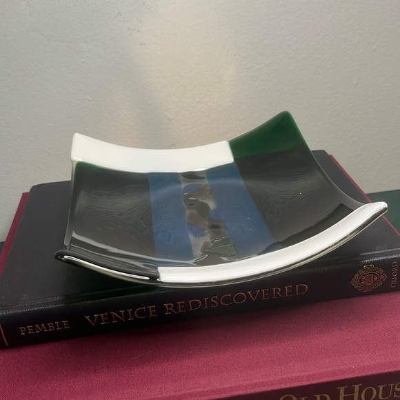 Handmade Fused Glass Geometric Shapes with Sea Glass Design Center Curved Plate - Picture 4 of 6